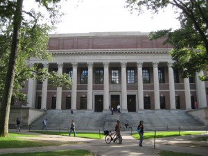 The imposing Harvard Library towers over the Yard.